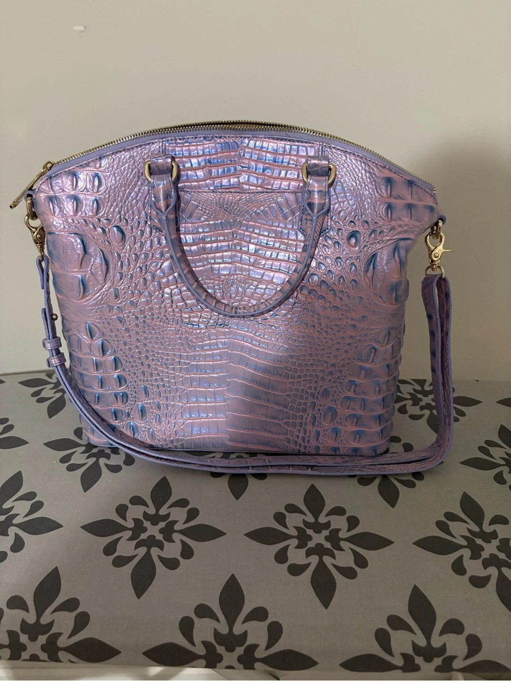 Brahmin Iridescent Lavender Croc-Embossed Satchel